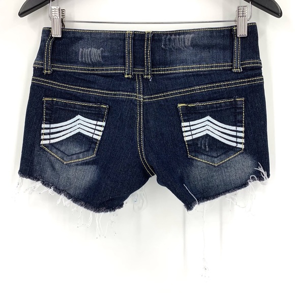 Rue 21 Dark Blue Wash Distressed Cut-Off Denim Shorts, 1/2 - Picture 4 of 16